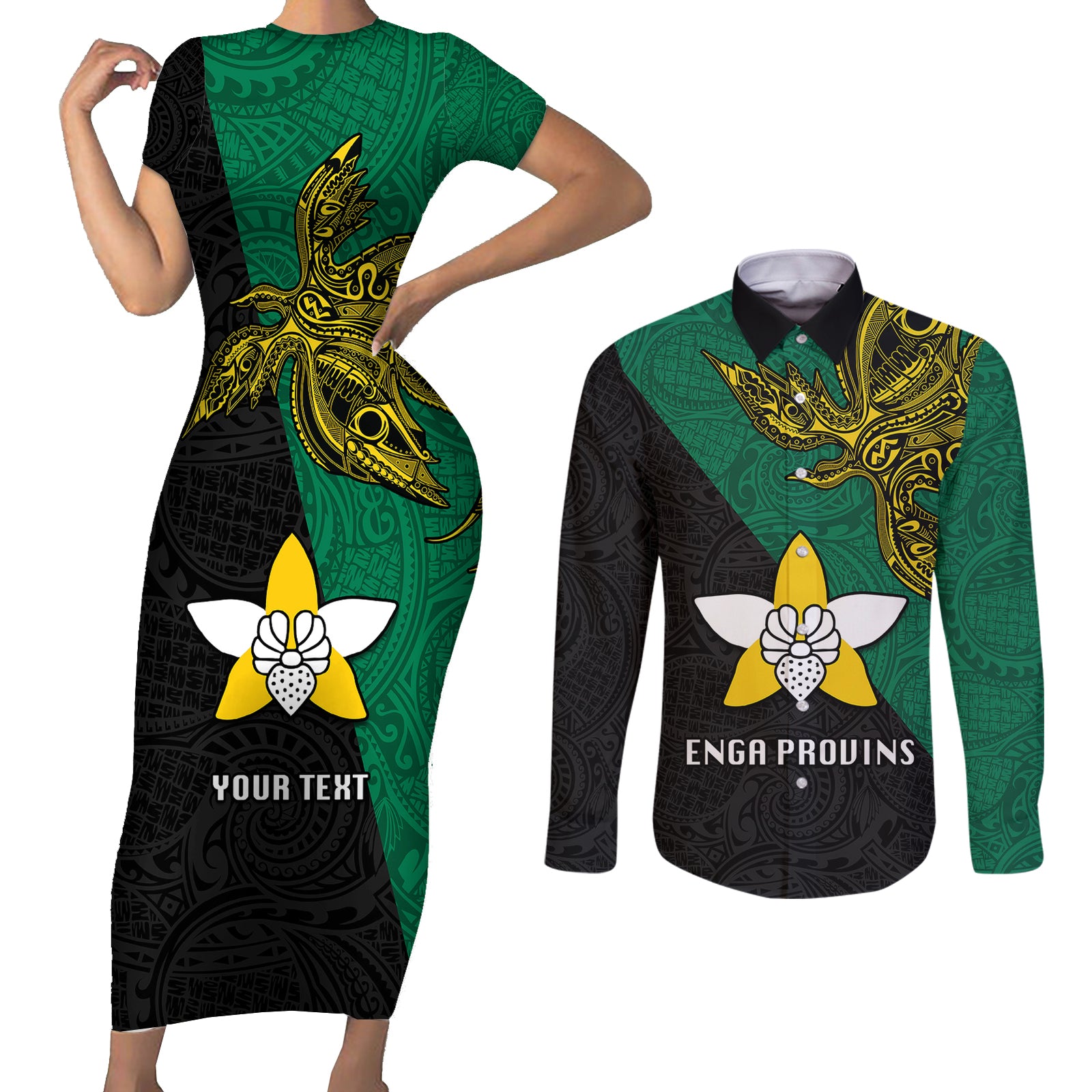 Custom Papua New Guinea Enga Province Couples Matching Short Sleeve Bodycon Dress and Long Sleeve Button Shirts PNG Birds Of Paradise Polynesian Arty Style LT03 Green - Polynesian Pride