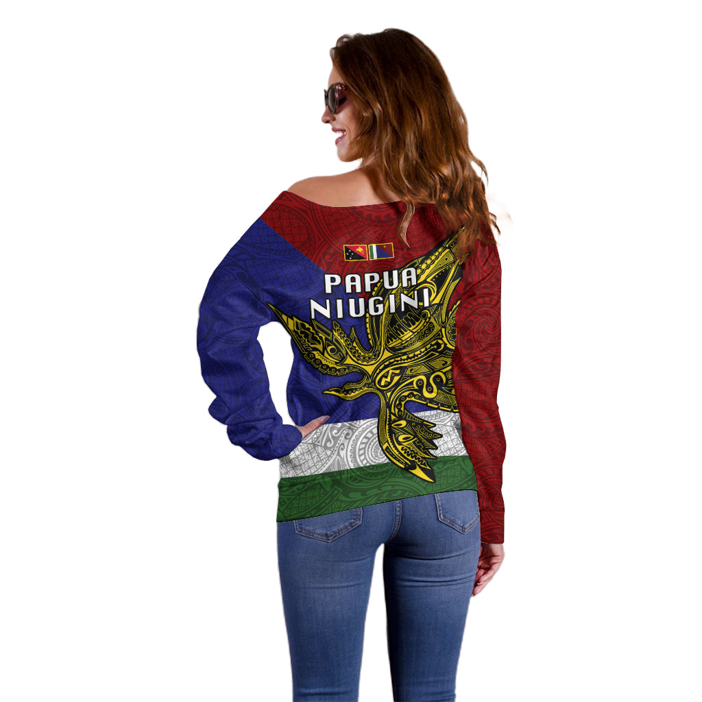 Papua New Guinea Milne Bay Province Off Shoulder Sweater PNG Birds Of Paradise Polynesian Arty Style LT03 - Polynesian Pride