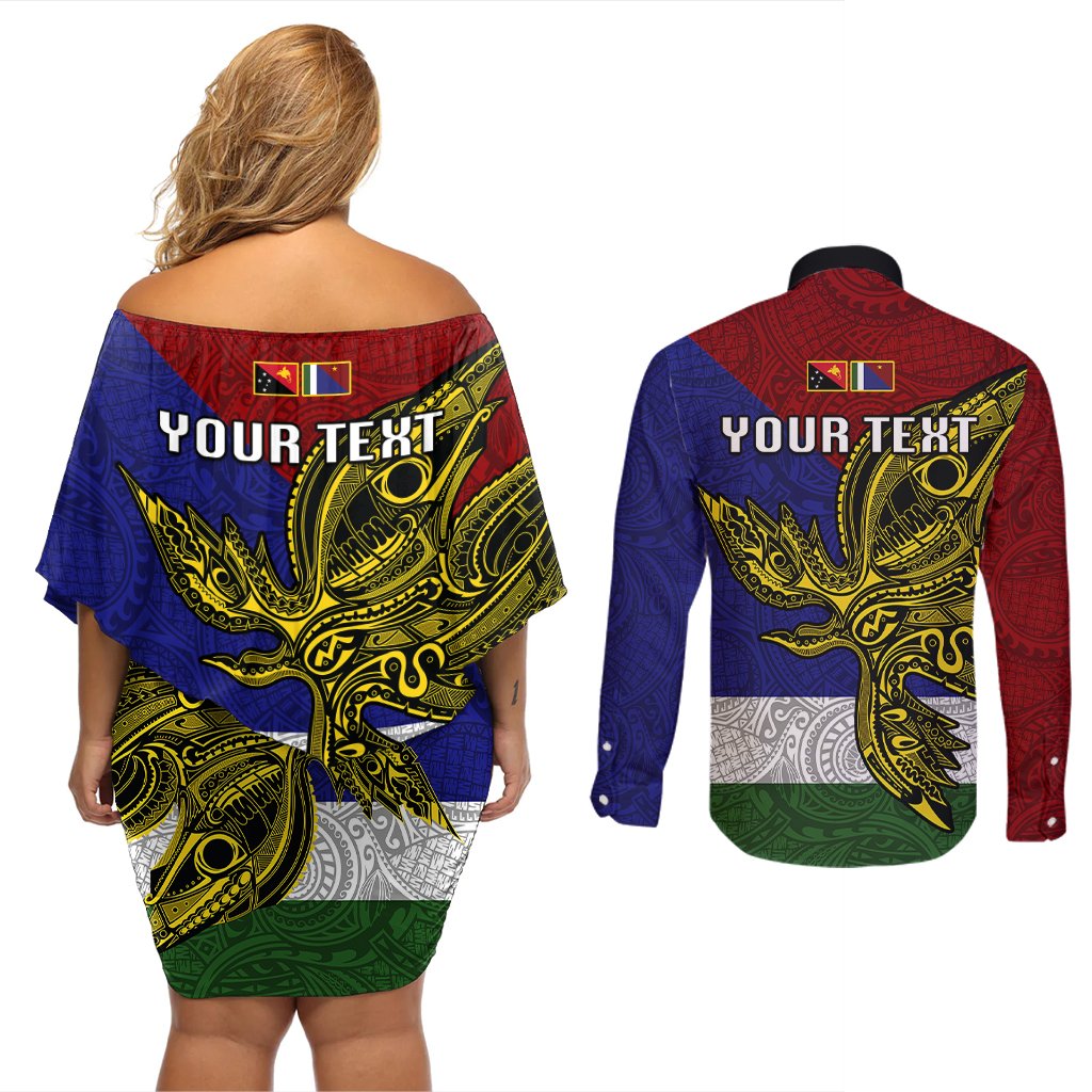 Custom Papua New Guinea Milne Bay Province Couples Matching Off Shoulder Short Dress and Long Sleeve Button Shirts PNG Birds Of Paradise Polynesian Arty Style LT03 - Polynesian Pride