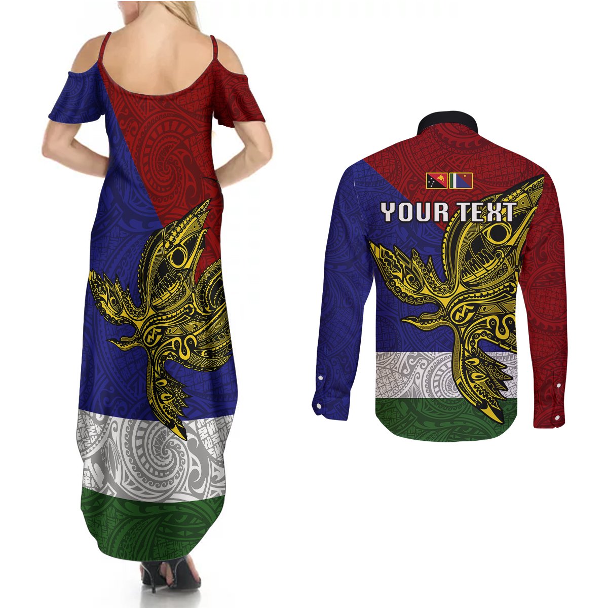 Custom Papua New Guinea Milne Bay Province Couples Matching Summer Maxi Dress and Long Sleeve Button Shirts PNG Birds Of Paradise Polynesian Arty Style LT03 - Polynesian Pride