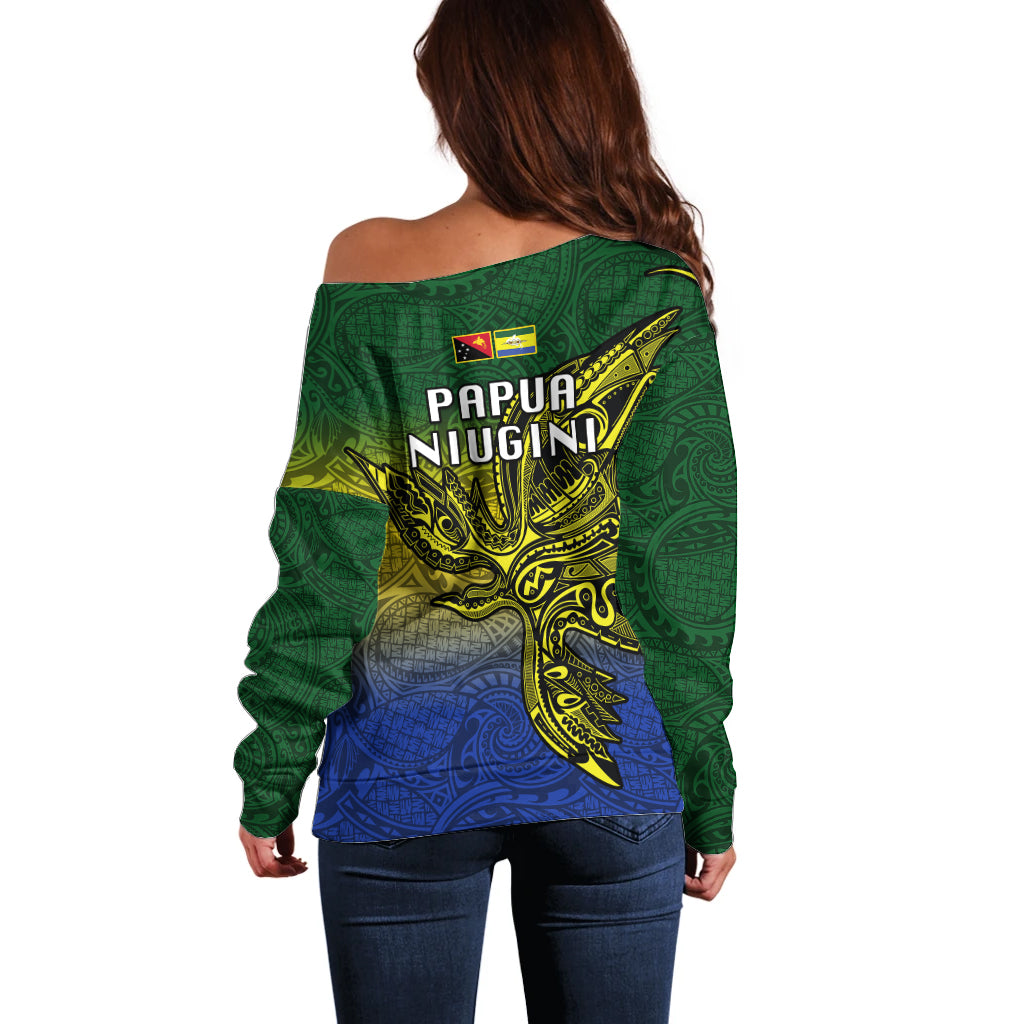 Papua New Guinea Morobe Province Off Shoulder Sweater PNG Birds Of Paradise Polynesian Arty Style LT03 - Polynesian Pride