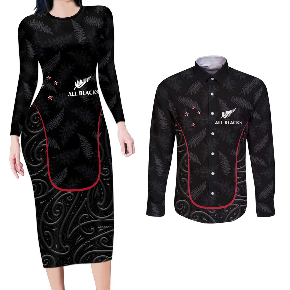 Custom New Zealand Rugby Couples Matching Long Sleeve Bodycon Dress and Long Sleeve Button Shirt Maori All Black Championship 2024 and Silver Fern LT03 Black - Polynesian Pride