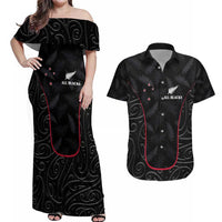 Custom New Zealand Rugby Couples Matching Off Shoulder Maxi Dress and Hawaiian Shirt Maori All Black Championship 2024 and Silver Fern LT03 Black - Polynesian Pride