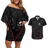 Custom New Zealand Rugby Couples Matching Off Shoulder Short Dress and Hawaiian Shirt Maori All Black Championship 2024 and Silver Fern LT03 Black - Polynesian Pride