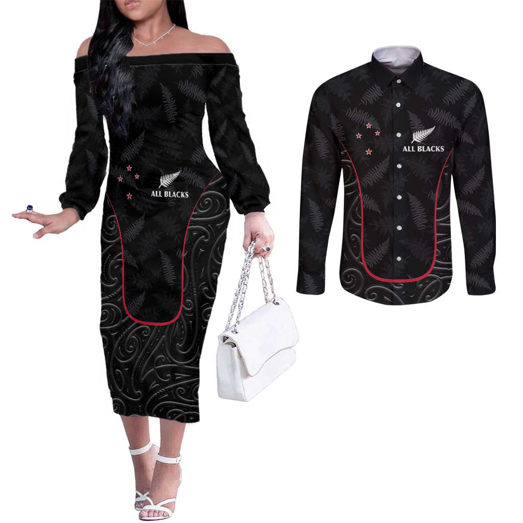 Custom New Zealand Rugby Couples Matching Off The Shoulder Long Sleeve Dress and Long Sleeve Button Shirt Maori All Black Championship 2024 and Silver Fern LT03 Black - Polynesian Pride