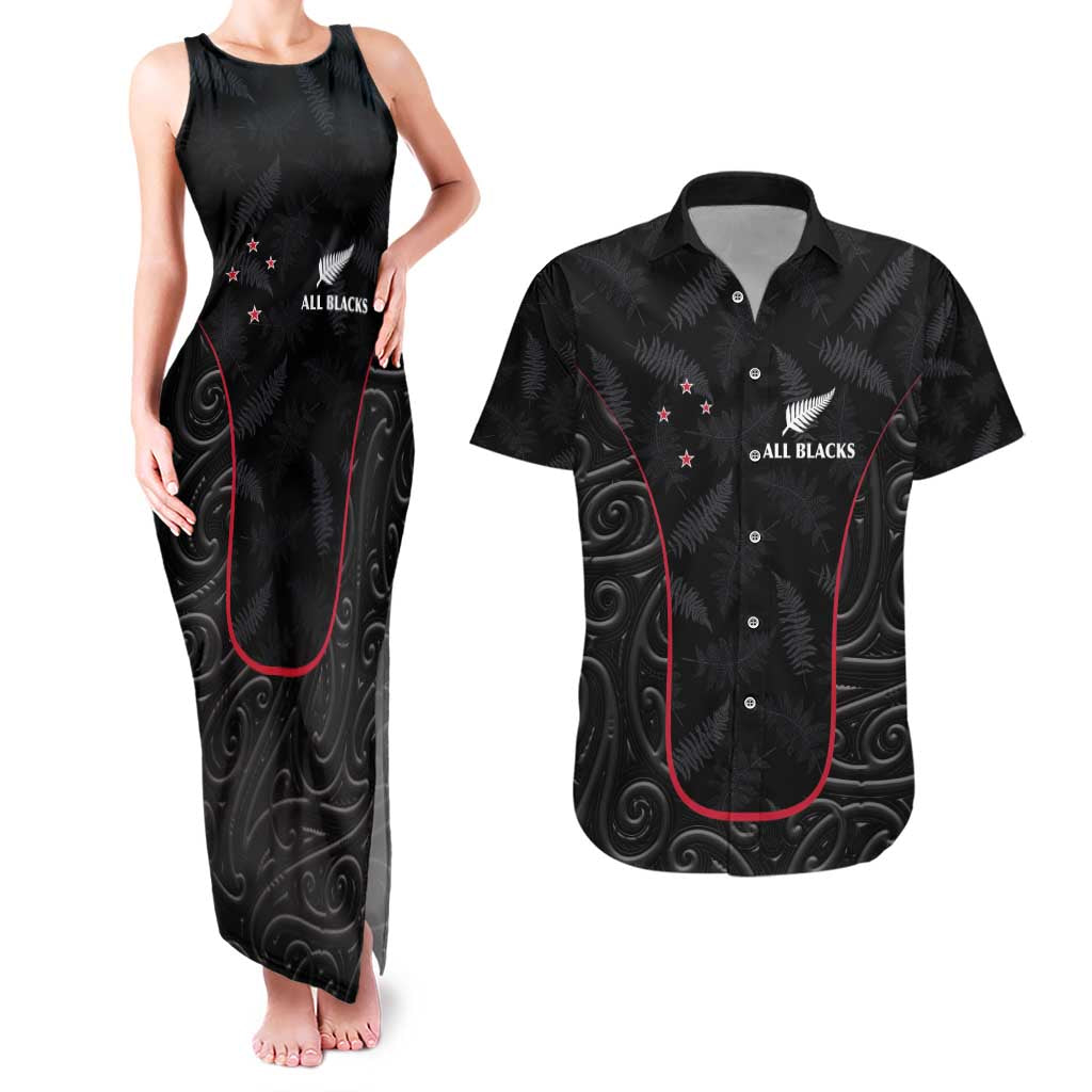 Custom New Zealand Rugby Couples Matching Tank Maxi Dress and Hawaiian Shirt Maori All Black Championship 2024 and Silver Fern LT03 Black - Polynesian Pride
