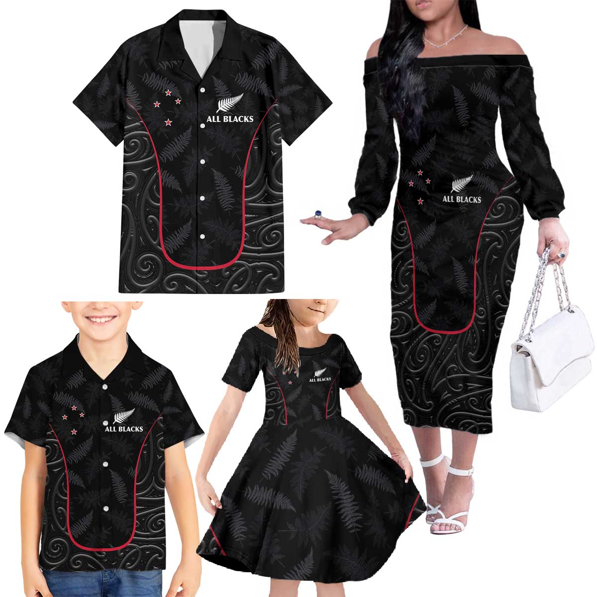 Custom New Zealand Rugby Family Matching Off The Shoulder Long Sleeve Dress and Hawaiian Shirt Maori All Black Championship 2024 and Silver Fern LT03 - Polynesian Pride