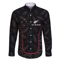 Custom New Zealand Rugby Family Matching Off The Shoulder Long Sleeve Dress and Hawaiian Shirt Maori All Black Championship 2024 and Silver Fern LT03 Dad's Shirt - Long Sleeve Black - Polynesian Pride