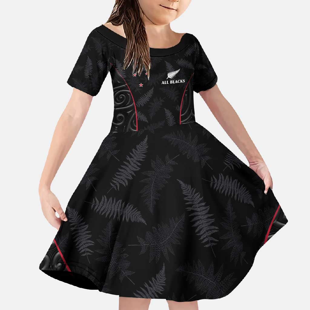 Custom New Zealand Rugby Family Matching Off Shoulder Maxi Dress and Hawaiian Shirt Maori All Black Championship 2024 and Silver Fern LT03 Daughter's Dress Black - Polynesian Pride