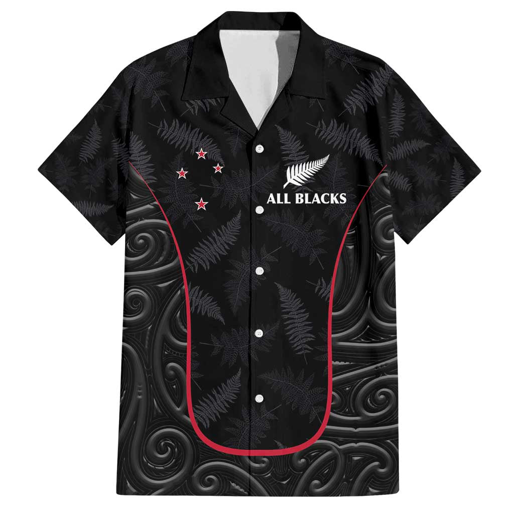 Custom New Zealand Rugby Family Matching Off Shoulder Maxi Dress and Hawaiian Shirt Maori All Black Championship 2024 and Silver Fern LT03 Dad's Shirt - Short Sleeve Black - Polynesian Pride