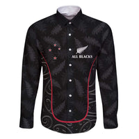 Custom New Zealand Rugby Family Matching Off Shoulder Maxi Dress and Hawaiian Shirt Maori All Black Championship 2024 and Silver Fern LT03 Dad's Shirt - Long Sleeve Black - Polynesian Pride