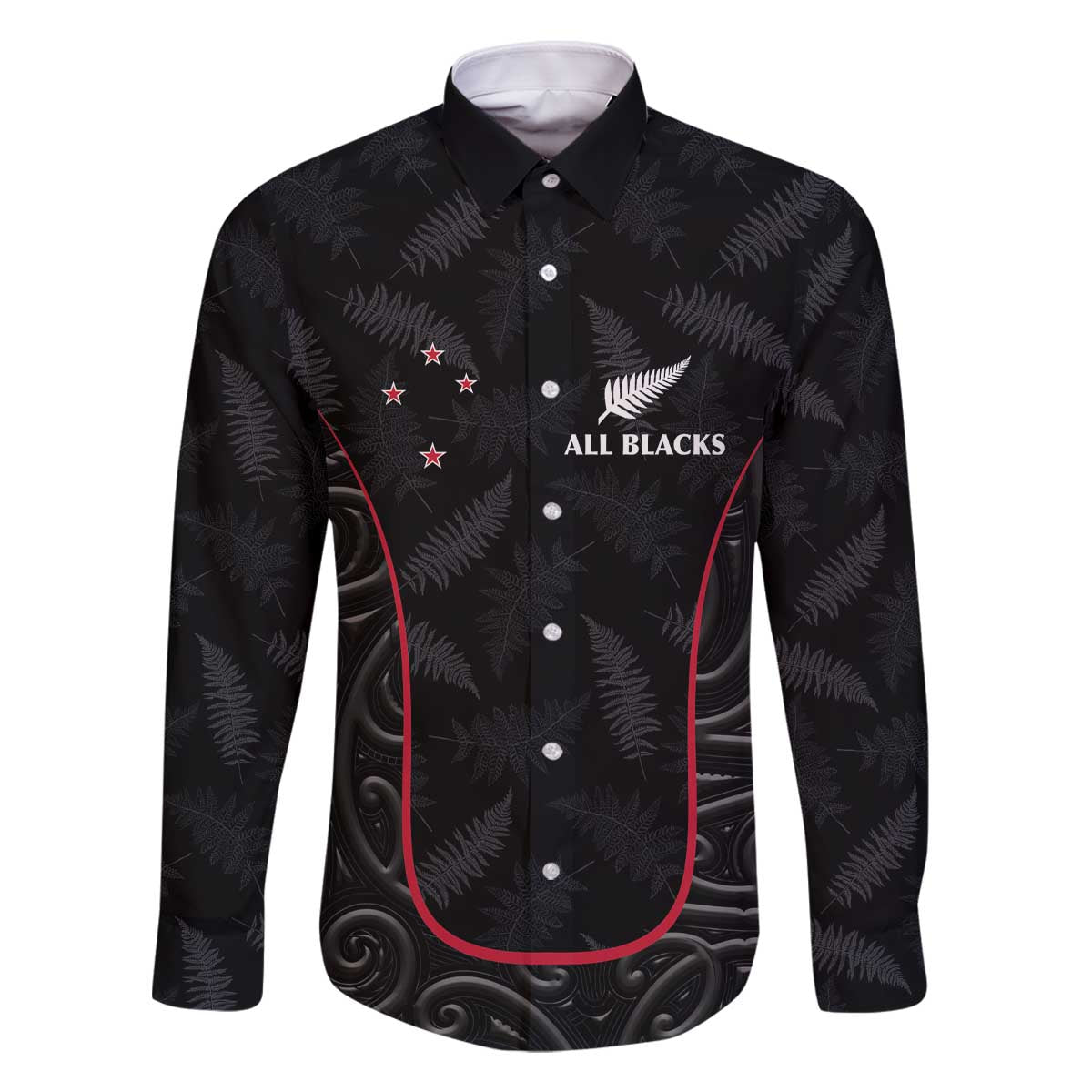Custom New Zealand Rugby Family Matching Off Shoulder Short Dress and Hawaiian Shirt Maori All Black Championship 2024 and Silver Fern LT03 Dad's Shirt - Long Sleeve Black - Polynesian Pride