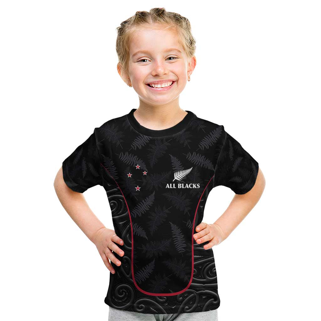 Custom New Zealand Rugby Kid T Shirt Maori All Black Championship 2024 and Silver Fern LT03 Black - Polynesian Pride