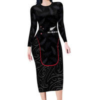 Custom New Zealand Rugby Long Sleeve Bodycon Dress Maori All Black Championship 2024 and Silver Fern LT03 Long Dress Black - Polynesian Pride