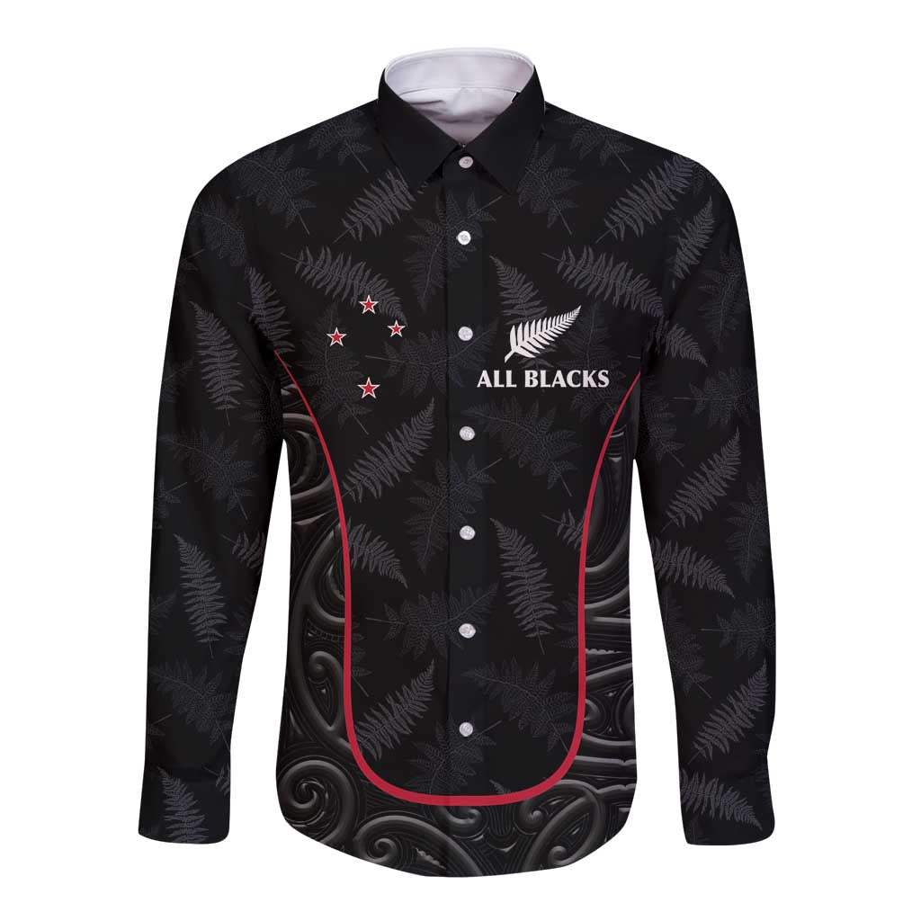 Custom New Zealand Rugby Long Sleeve Button Shirt Maori All Black Championship 2024 and Silver Fern LT03 Unisex Black - Polynesian Pride