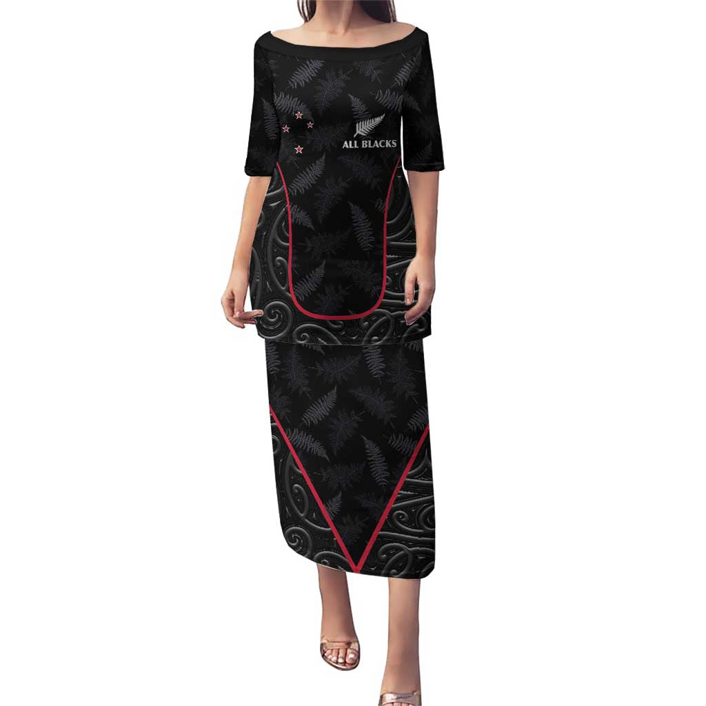 Custom New Zealand Rugby Puletasi Maori All Black Championship 2024 and Silver Fern LT03 Long Dress Black - Polynesian Pride