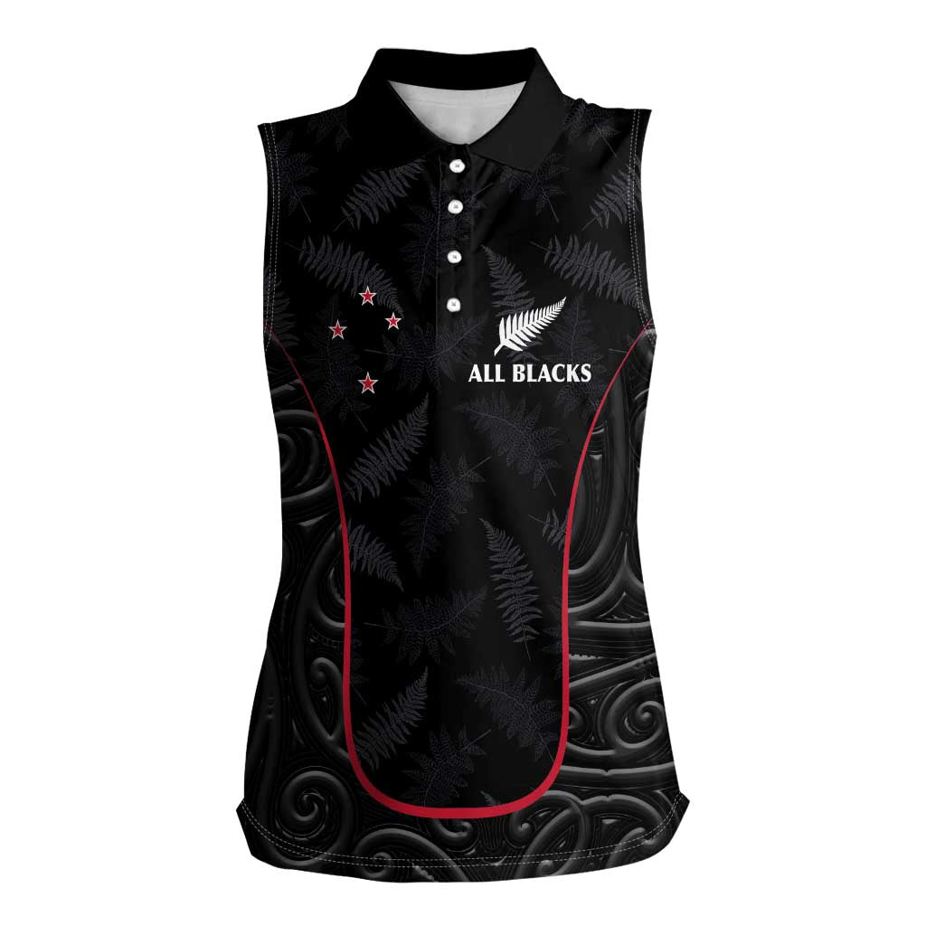 Custom New Zealand Rugby Women Sleeveless Polo Shirt Maori All Black Championship 2024 and Silver Fern LT03 Female Black - Polynesian Pride
