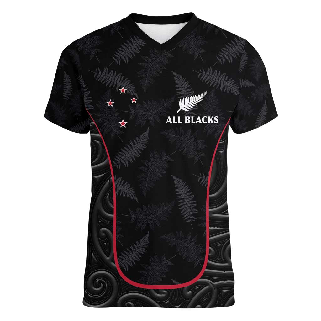 Custom New Zealand Rugby Women V-Neck T-Shirt Maori All Black Championship 2024 and Silver Fern LT03 Female Black - Polynesian Pride