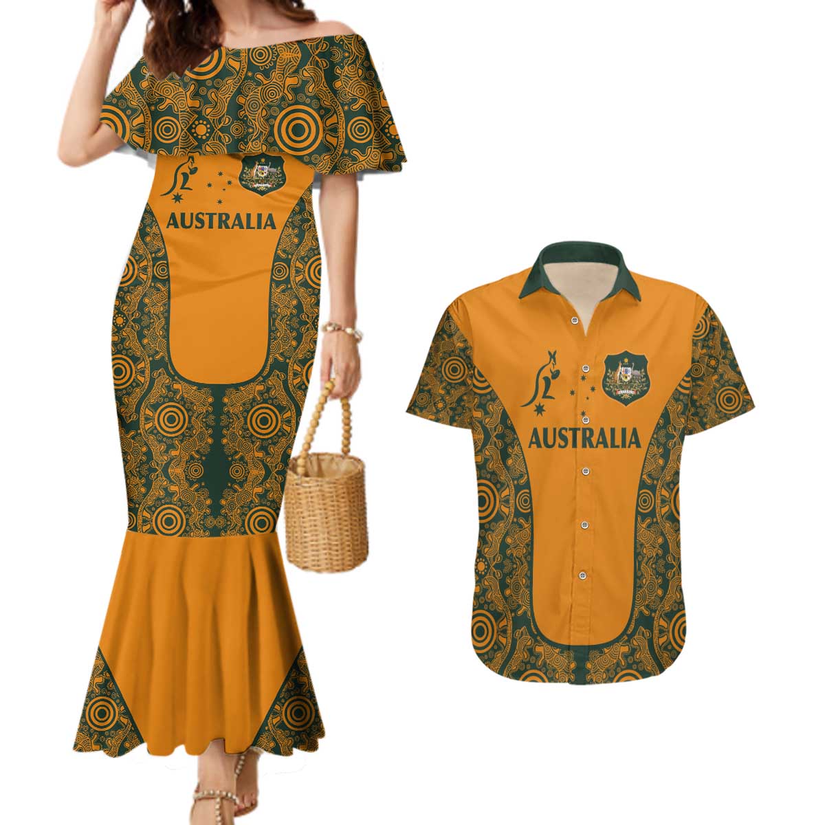 Custom Australia Rugby Championship 2024 Couples Matching Mermaid Dress and Hawaiian Shirt Aboriginal Art Tattoo Pattern LT03 Yellow - Polynesian Pride