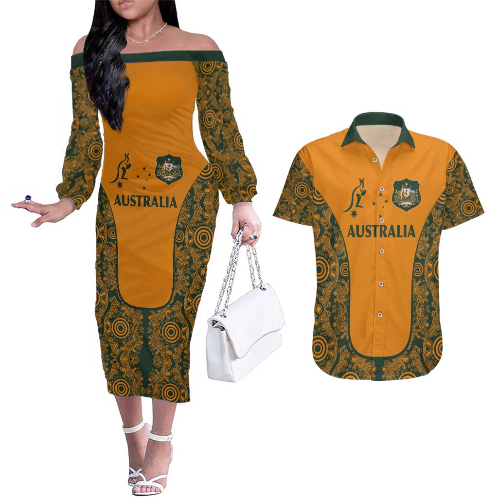 Custom Australia Rugby Championship 2024 Couples Matching Off The Shoulder Long Sleeve Dress and Hawaiian Shirt Aboriginal Art Tattoo Pattern LT03 Yellow - Polynesian Pride
