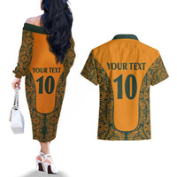 Custom Australia Rugby Championship 2024 Couples Matching Off The Shoulder Long Sleeve Dress and Hawaiian Shirt Aboriginal Art Tattoo Pattern LT03 - Polynesian Pride