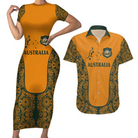 Custom Australia Rugby Championship 2024 Couples Matching Short Sleeve Bodycon Dress and Hawaiian Shirt Aboriginal Art Tattoo Pattern LT03 Yellow - Polynesian Pride