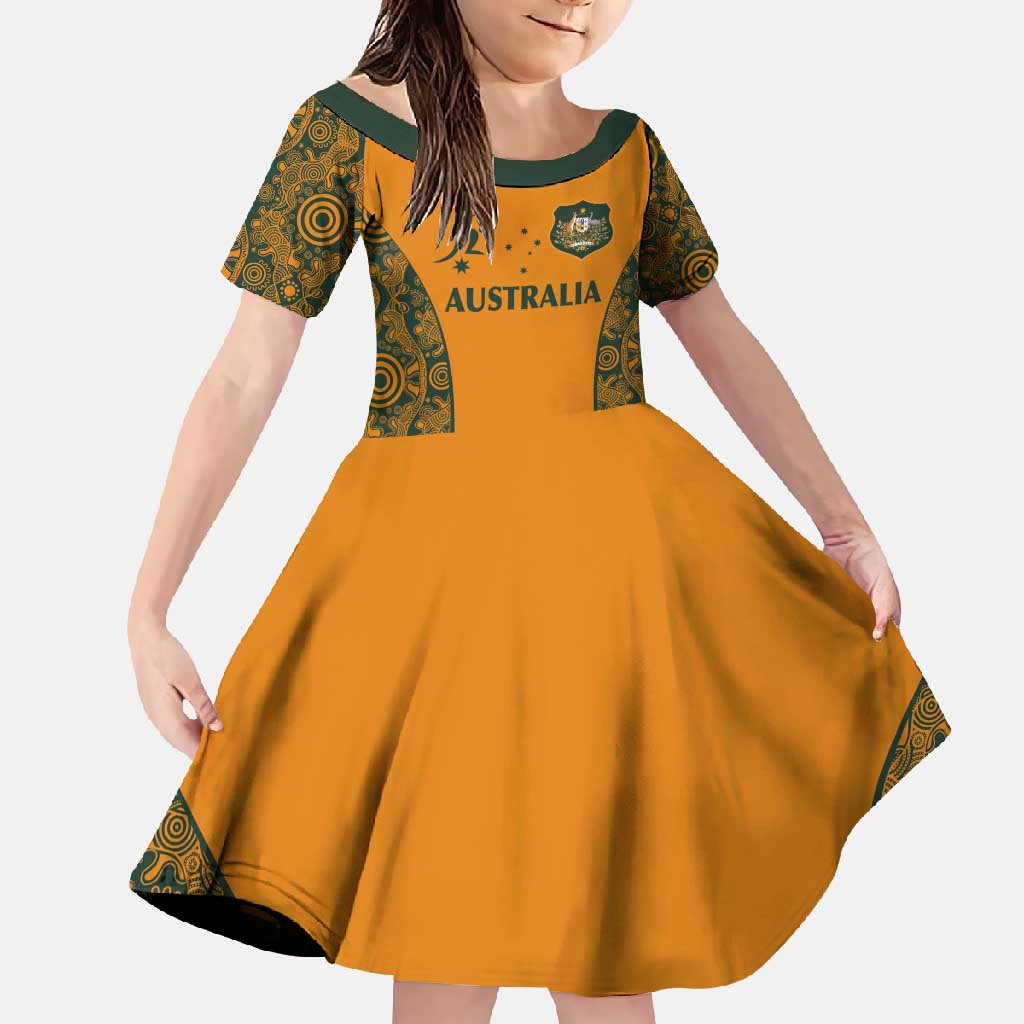 Custom Australia Rugby Championship 2024 Family Matching Mermaid Dress and Hawaiian Shirt Aboriginal Art Tattoo Pattern LT03 Daughter's Dress Yellow - Polynesian Pride