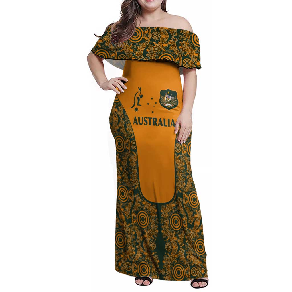 Custom Australia Rugby Championship 2024 Family Matching Off Shoulder Maxi Dress and Hawaiian Shirt Aboriginal Art Tattoo Pattern LT03 Mom's Dress Yellow - Polynesian Pride