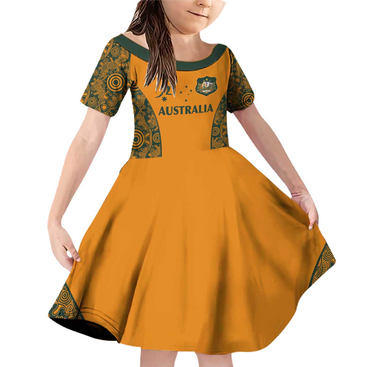 Custom Australia Rugby Championship 2024 Family Matching Off Shoulder Short Dress and Hawaiian Shirt Aboriginal Art Tattoo Pattern LT03 Daughter's Dress Yellow - Polynesian Pride