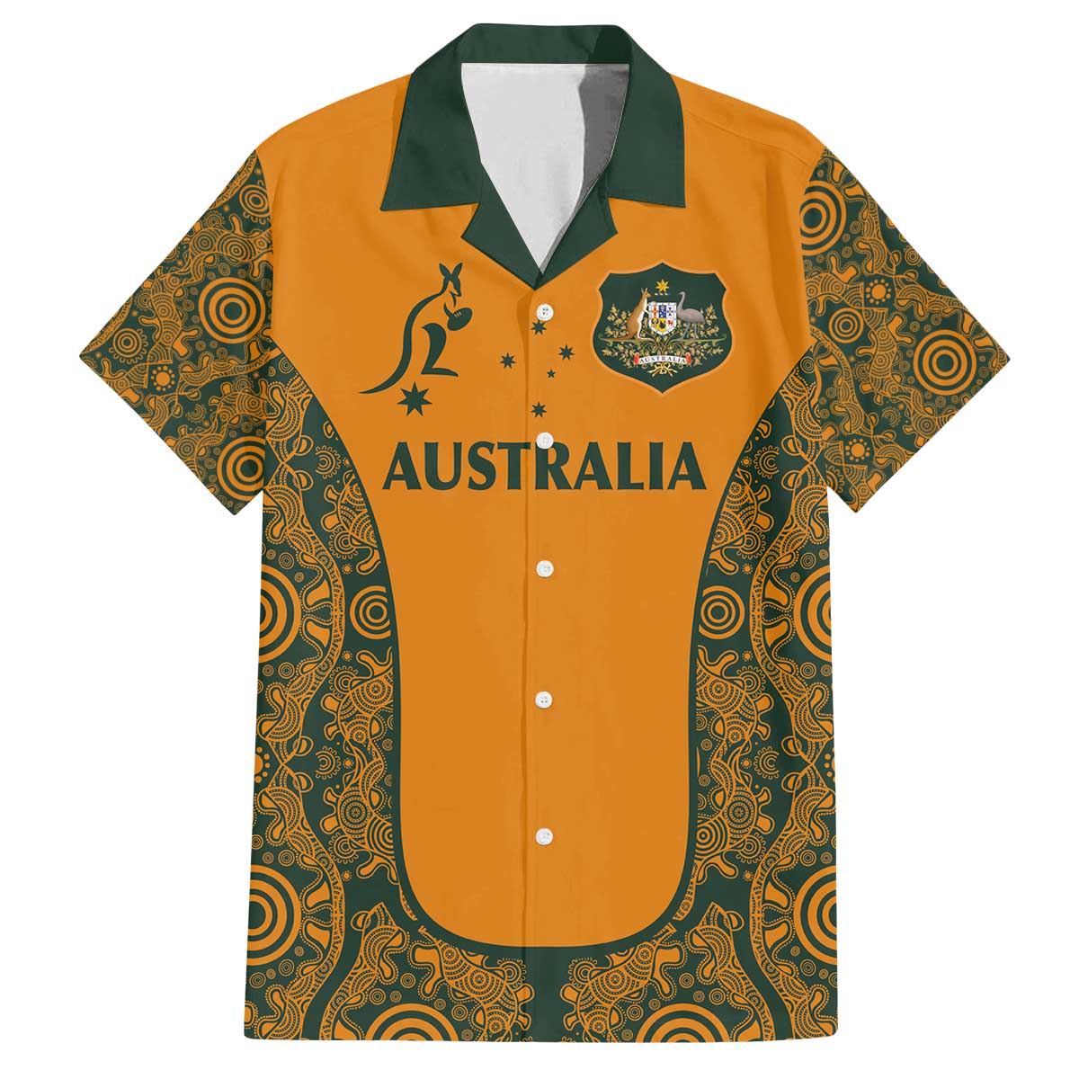 Custom Australia Rugby Championship 2024 Family Matching Off Shoulder Short Dress and Hawaiian Shirt Aboriginal Art Tattoo Pattern LT03 Dad's Shirt - Short Sleeve Yellow - Polynesian Pride