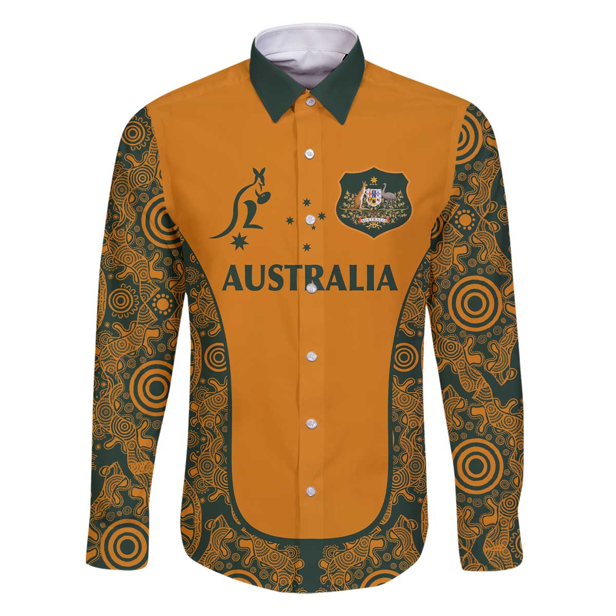 Custom Australia Rugby Championship 2024 Family Matching Off Shoulder Short Dress and Hawaiian Shirt Aboriginal Art Tattoo Pattern LT03 Dad's Shirt - Long Sleeve Yellow - Polynesian Pride