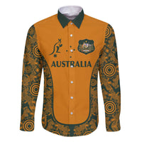 Custom Australia Rugby Championship 2024 Family Matching Off Shoulder Short Dress and Hawaiian Shirt Aboriginal Art Tattoo Pattern LT03 Dad's Shirt - Long Sleeve Yellow - Polynesian Pride