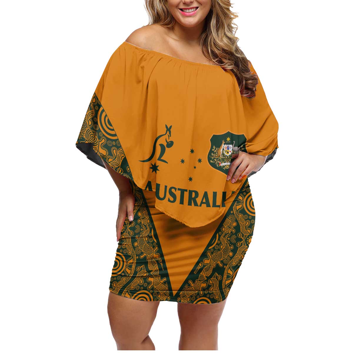 Custom Australia Rugby Championship 2024 Family Matching Off Shoulder Short Dress and Hawaiian Shirt Aboriginal Art Tattoo Pattern LT03 Mom's Dress Yellow - Polynesian Pride