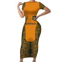 Custom Australia Rugby Championship 2024 Family Matching Short Sleeve Bodycon Dress and Hawaiian Shirt Aboriginal Art Tattoo Pattern LT03 Mom's Dress Yellow - Polynesian Pride