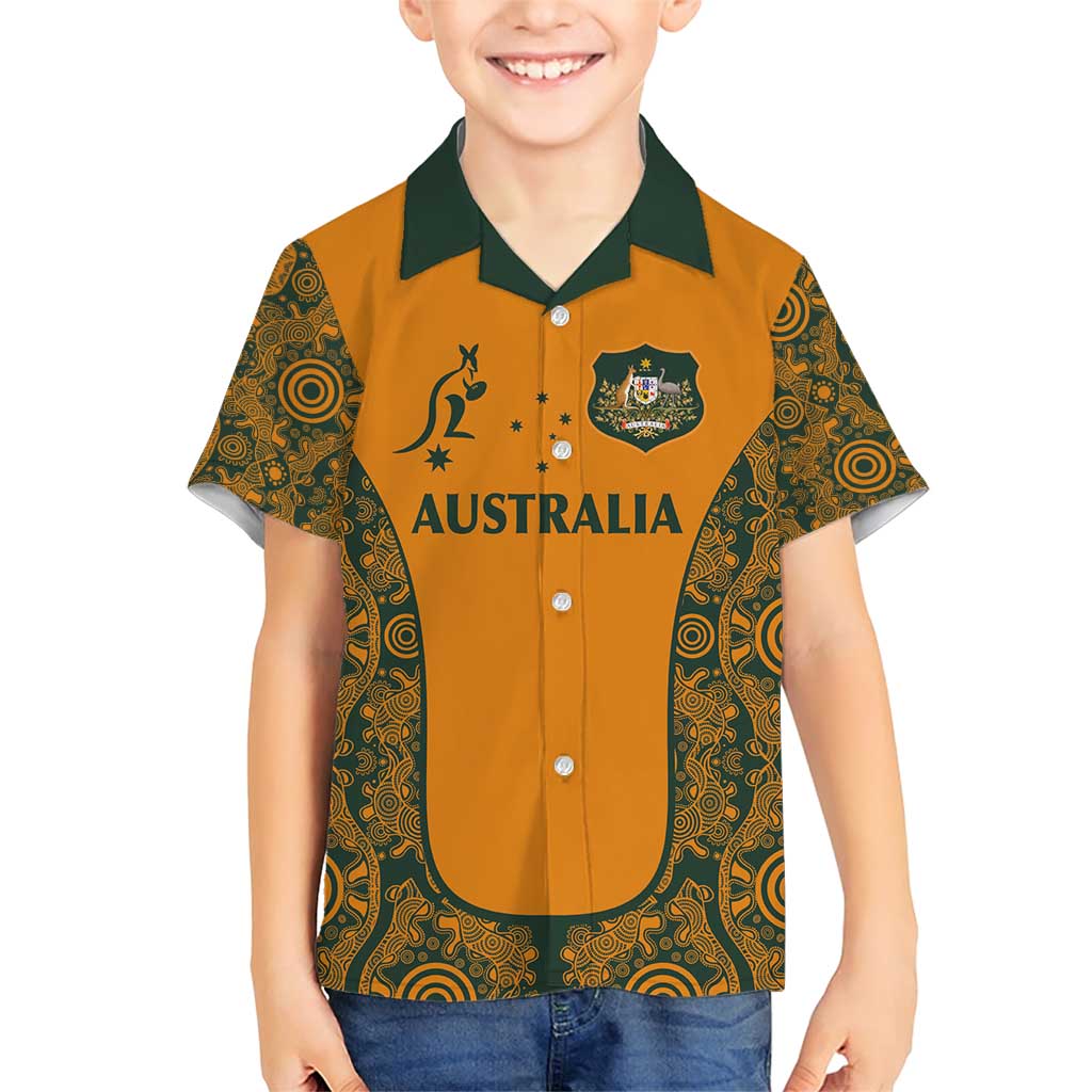 Custom Australia Rugby Championship 2024 Family Matching Short Sleeve Bodycon Dress and Hawaiian Shirt Aboriginal Art Tattoo Pattern LT03 Son's Shirt Yellow - Polynesian Pride