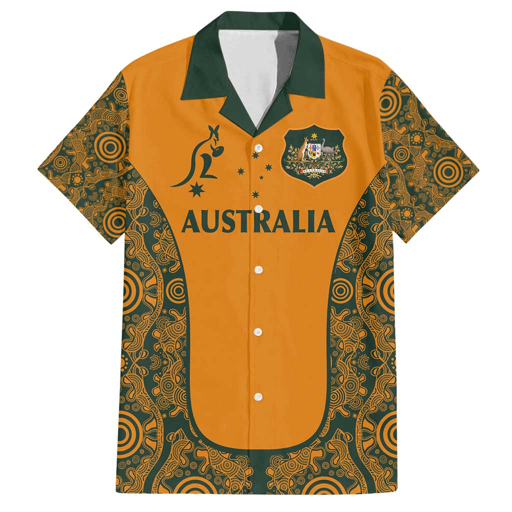 Custom Australia Rugby Championship 2024 Family Matching Tank Maxi Dress and Hawaiian Shirt Aboriginal Art Tattoo Pattern LT03 Dad's Shirt - Short Sleeve Yellow - Polynesian Pride