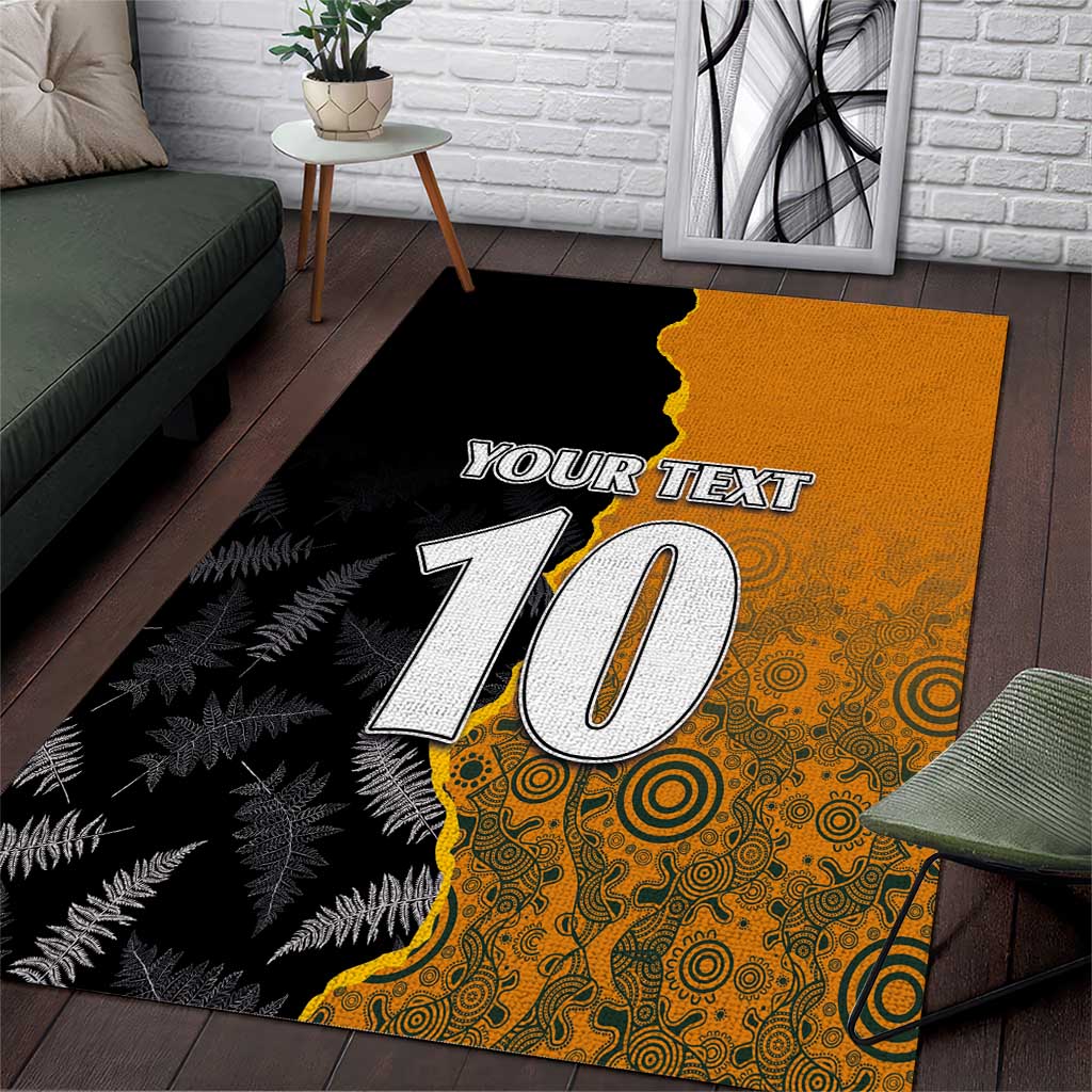 Custom New Zealand and Australia Rugby Championship 2024 Area Rug Maori Warrior and Kangaroo Mascot with Fern Aboriginal LT03 Black - Polynesian Pride