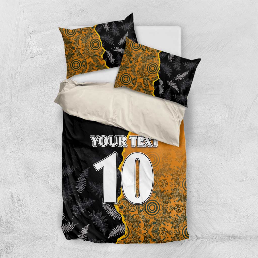 Custom New Zealand and Australia Rugby Championship 2024 Bedding Set Maori Warrior and Kangaroo Mascot with Fern Aboriginal LT03 US Twin 172cm x 218cm Black - Polynesian Pride