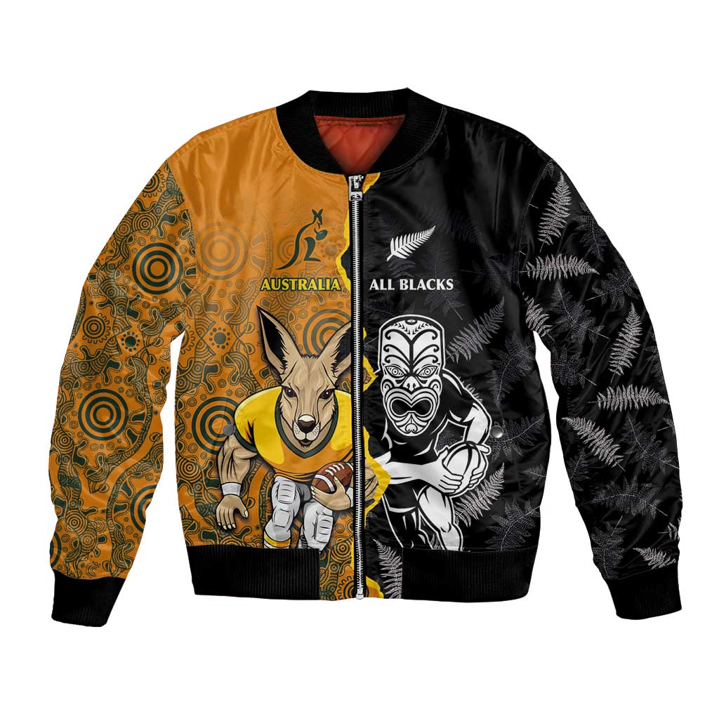 Custom New Zealand and Australia Rugby Championship 2024 Bomber Jacket Maori Warrior and Kangaroo Mascot with Fern Aboriginal LT03 Unisex Black - Polynesian Pride