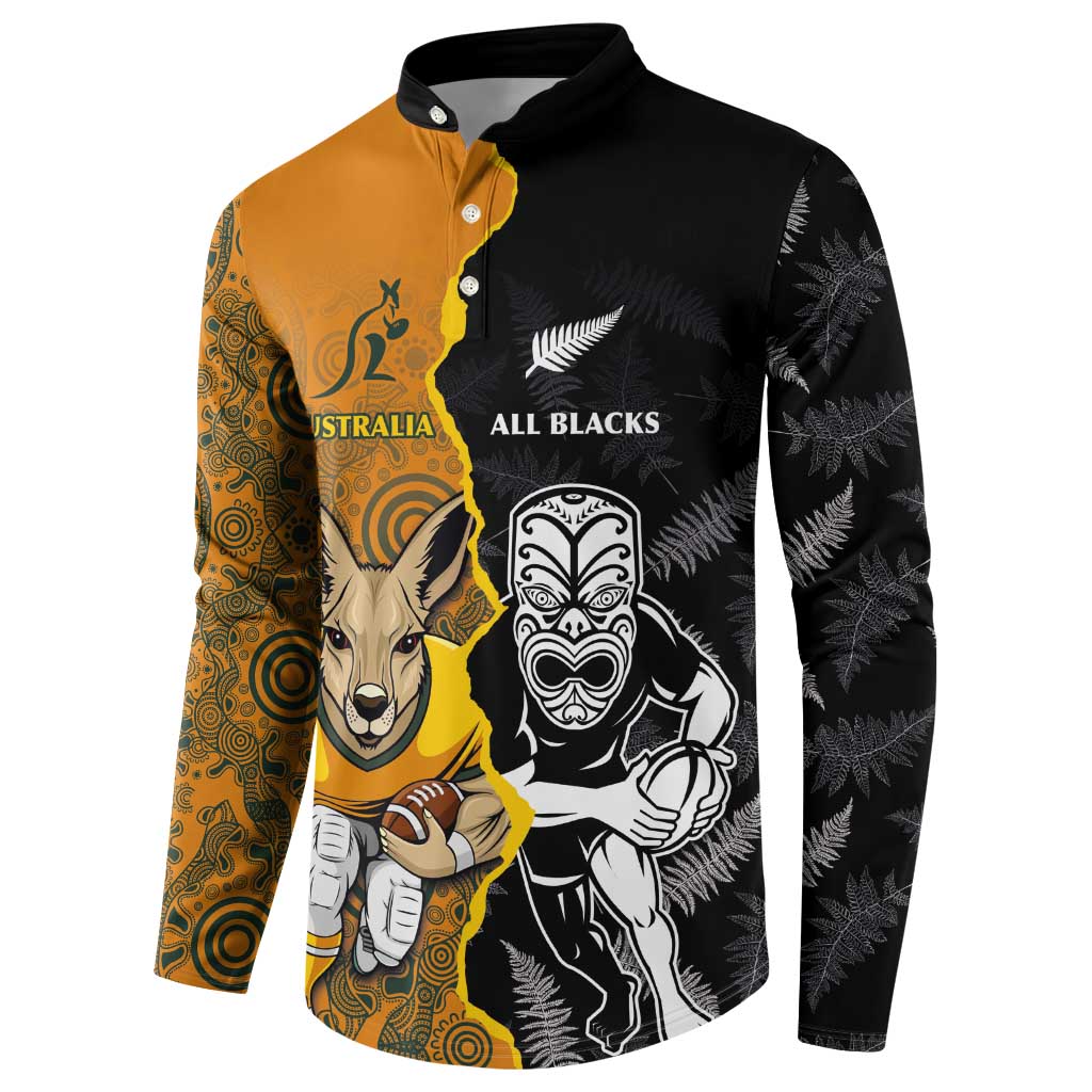 Custom New Zealand and Australia Rugby Championship 2024 Button Sweatshirt Maori Warrior and Kangaroo Mascot with Fern Aboriginal LT03 - Polynesian Pride