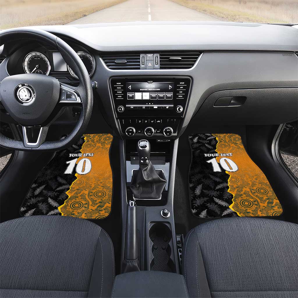 Custom New Zealand and Australia Rugby Championship 2024 Car Mats Maori Warrior and Kangaroo Mascot with Fern Aboriginal LT03 Set 2pcs - Front Black - Polynesian Pride