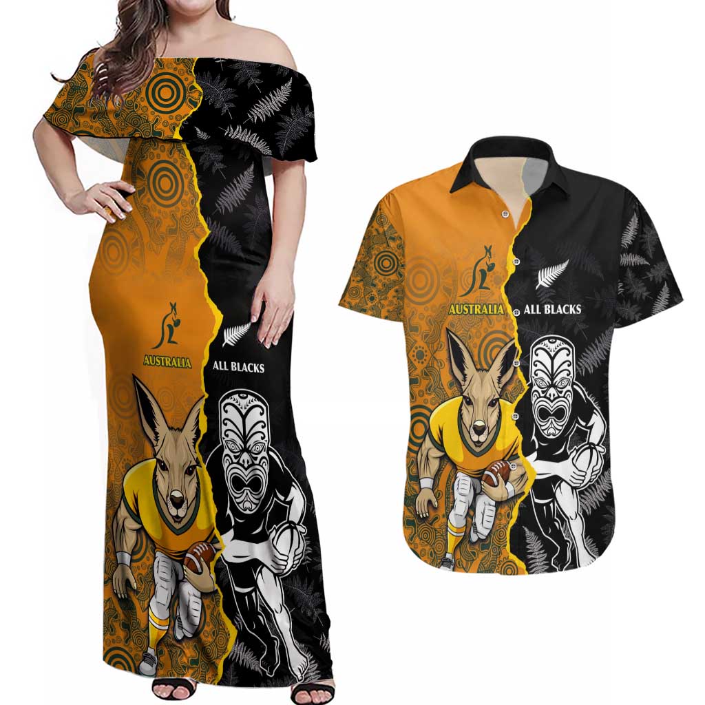 Custom New Zealand and Australia Rugby Championship 2024 Couples Matching Off Shoulder Maxi Dress and Hawaiian Shirt Maori Warrior and Kangaroo Mascot with Fern Aboriginal LT03 Black - Polynesian Pride