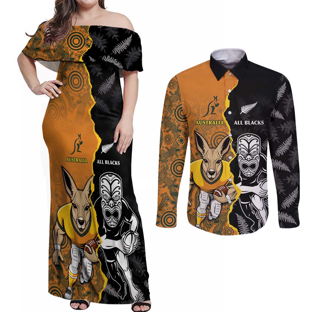 Custom New Zealand and Australia Rugby Championship 2024 Couples Matching Off Shoulder Maxi Dress and Long Sleeve Button Shirt Maori Warrior and Kangaroo Mascot with Fern Aboriginal LT03 Black - Polynesian Pride