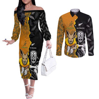 Custom New Zealand and Australia Rugby Championship 2024 Couples Matching Off The Shoulder Long Sleeve Dress and Long Sleeve Button Shirt Maori Warrior and Kangaroo Mascot with Fern Aboriginal LT03 Black - Polynesian Pride