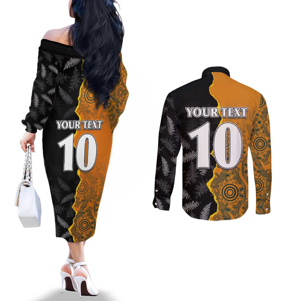 Custom New Zealand and Australia Rugby Championship 2024 Couples Matching Off The Shoulder Long Sleeve Dress and Long Sleeve Button Shirt Maori Warrior and Kangaroo Mascot with Fern Aboriginal LT03 - Polynesian Pride
