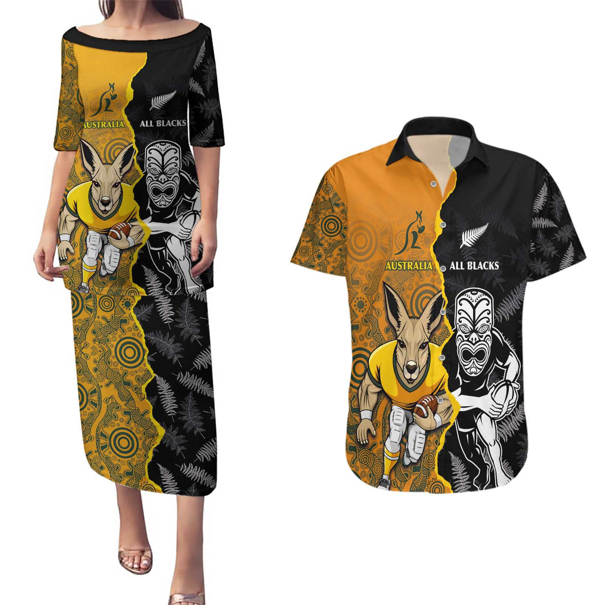 Custom New Zealand and Australia Rugby Championship 2024 Couples Matching Puletasi and Hawaiian Shirt Maori Warrior and Kangaroo Mascot with Fern Aboriginal LT03 Black - Polynesian Pride