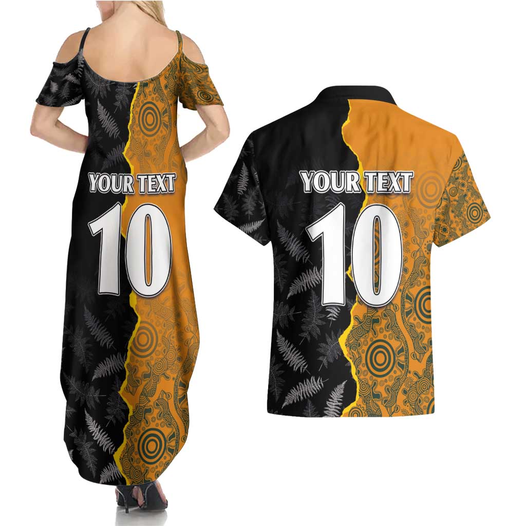 Custom New Zealand and Australia Rugby Championship 2024 Couples Matching Summer Maxi Dress and Hawaiian Shirt Maori Warrior and Kangaroo Mascot with Fern Aboriginal LT03 - Polynesian Pride
