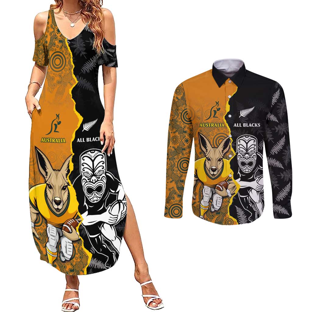 Custom New Zealand and Australia Rugby Championship 2024 Couples Matching Summer Maxi Dress and Long Sleeve Button Shirt Maori Warrior and Kangaroo Mascot with Fern Aboriginal LT03 Black - Polynesian Pride