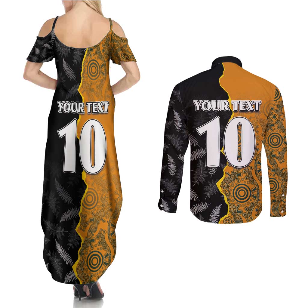Custom New Zealand and Australia Rugby Championship 2024 Couples Matching Summer Maxi Dress and Long Sleeve Button Shirt Maori Warrior and Kangaroo Mascot with Fern Aboriginal LT03 - Polynesian Pride