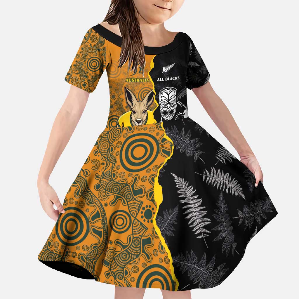 Custom New Zealand and Australia Rugby Championship 2024 Family Matching Mermaid Dress and Hawaiian Shirt Maori Warrior and Kangaroo Mascot with Fern Aboriginal LT03 Daughter's Dress Black - Polynesian Pride